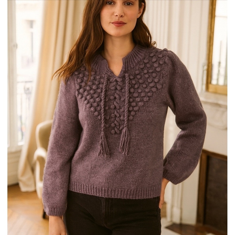 Vtg Moda International Purple Wool Lace Up Bobble Knit Sweater Medium Boho
